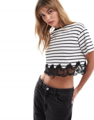 Miss Selfridge boxy short sleeve crop top with lace hem in mono stripe