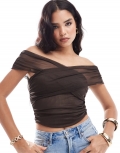 Miss Selfridge ruched off shoulder top in chocolate