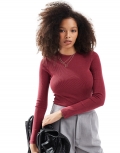 Miss Selfridge long sleeve rib crew neck top in burgundy