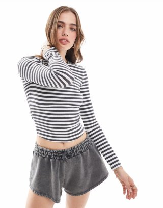 Miss Selfridge long sleeve rib crew neck top in charcoal and white stripe