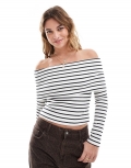 Miss Selfridge rib deep fold over bardot top in stripe