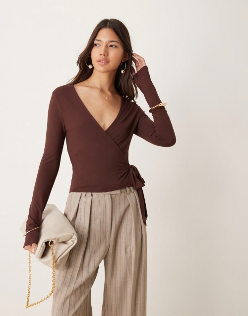 Miss Selfridge long sleeve jersey wrap top in chocolate