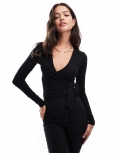 Miss Selfridge long sleeve jersey wrap top in black