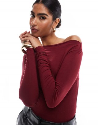 Miss Selfridge long sleeve slash neck top in burgundy