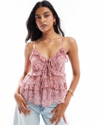 Miss Selfridge chiffon micro ruffle cami top in snake print