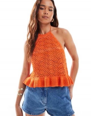 Miss Selfridge crochet halter neck top in orange