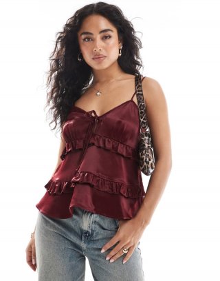 Miss Selfridge satin ruffle cami top in burgundy